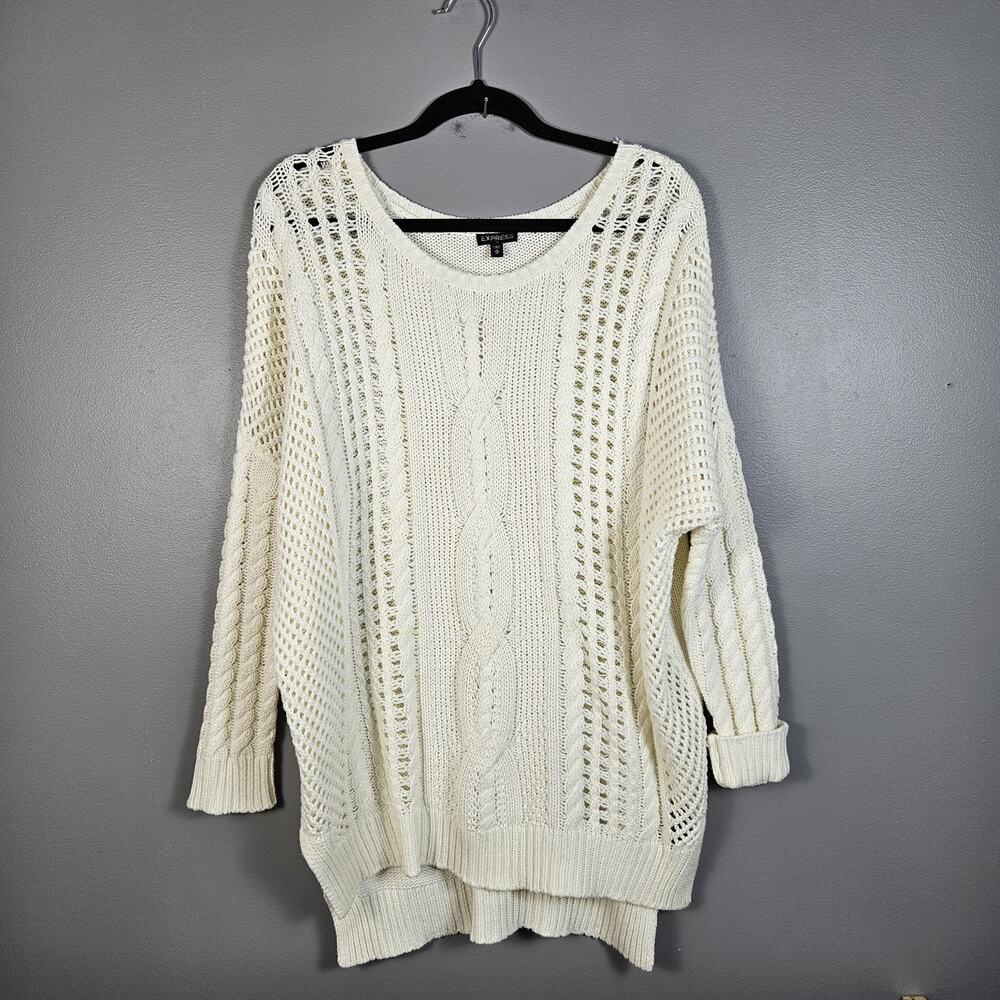 Express Open Stitch Tunic Sweater Cable Knit Cream Women's Size Medium‎ M